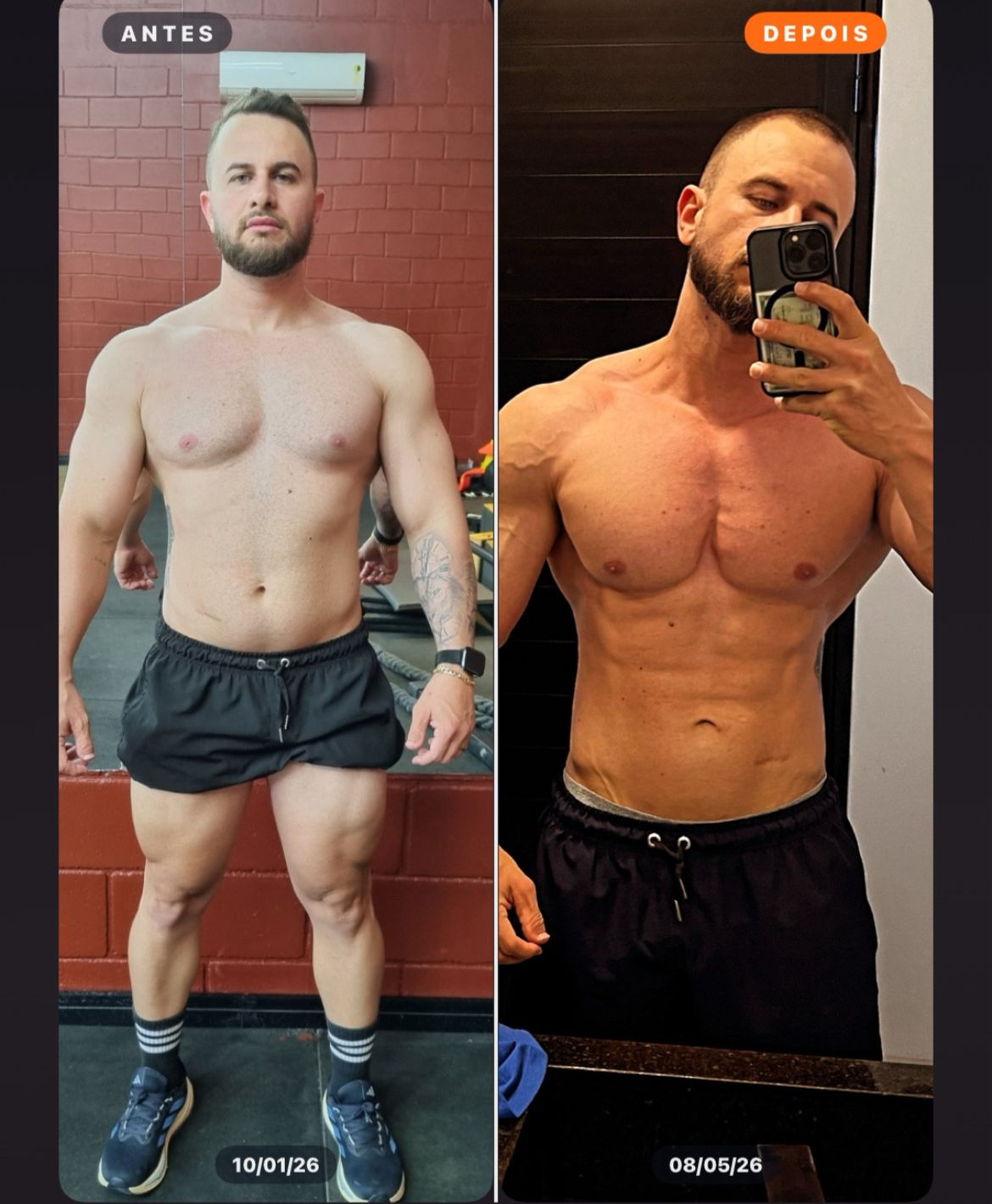 Antes e depois da transformação física de Cleiton Reche